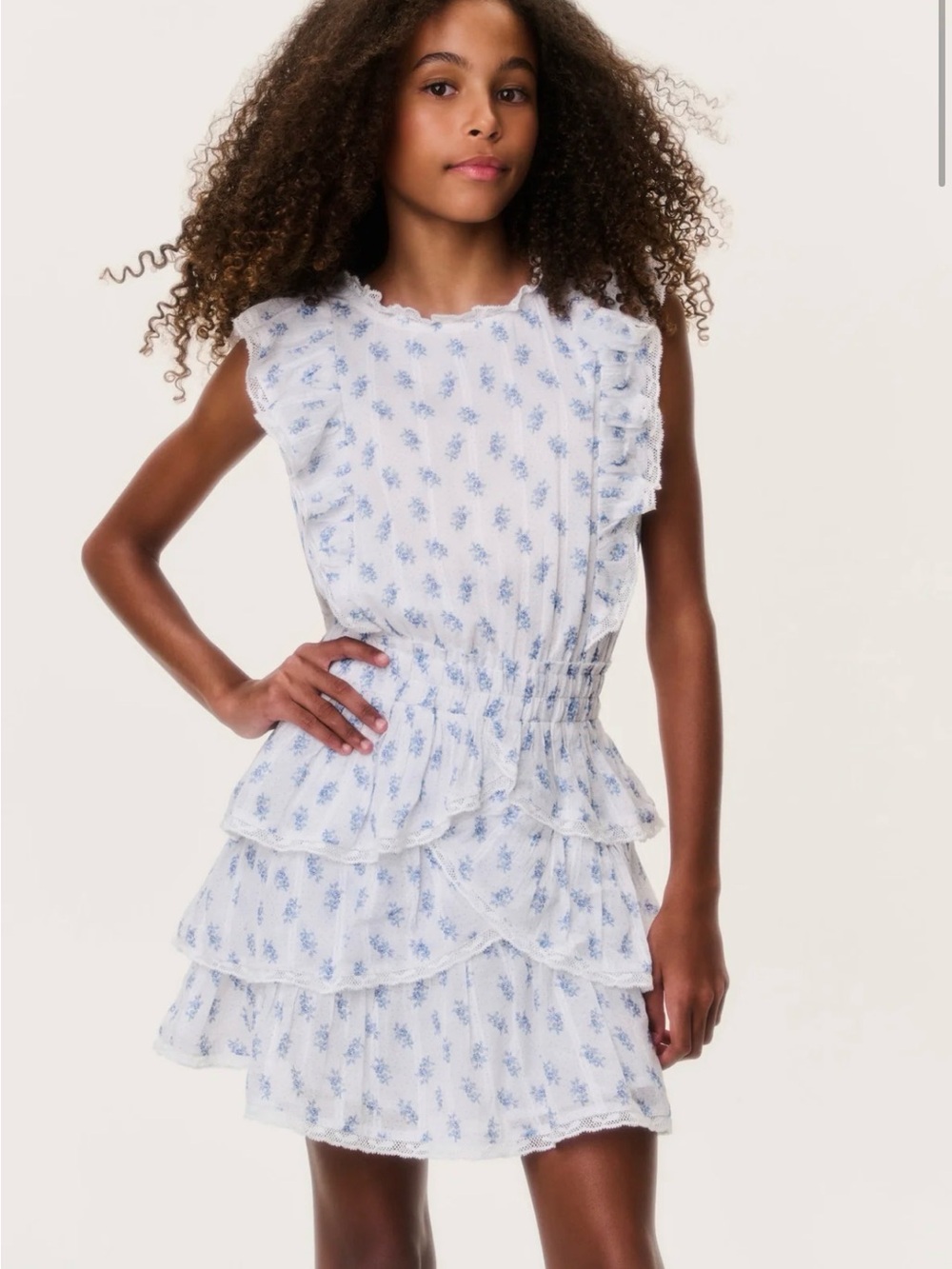 LoveShackFancy White & Light Blue Floral Ruffle Tiered Dress